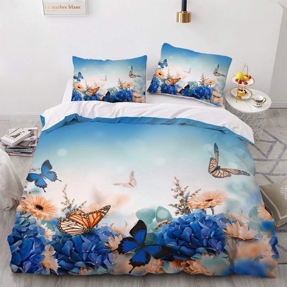 SnelShoppen - Duvet Dekbedovertrek Set 135 x 200 cm Bloem Vlinder 3D Print Microfiber met Ritssluiting en Kussenhoes 80 x 80 cm - Modern en Gezond Sla