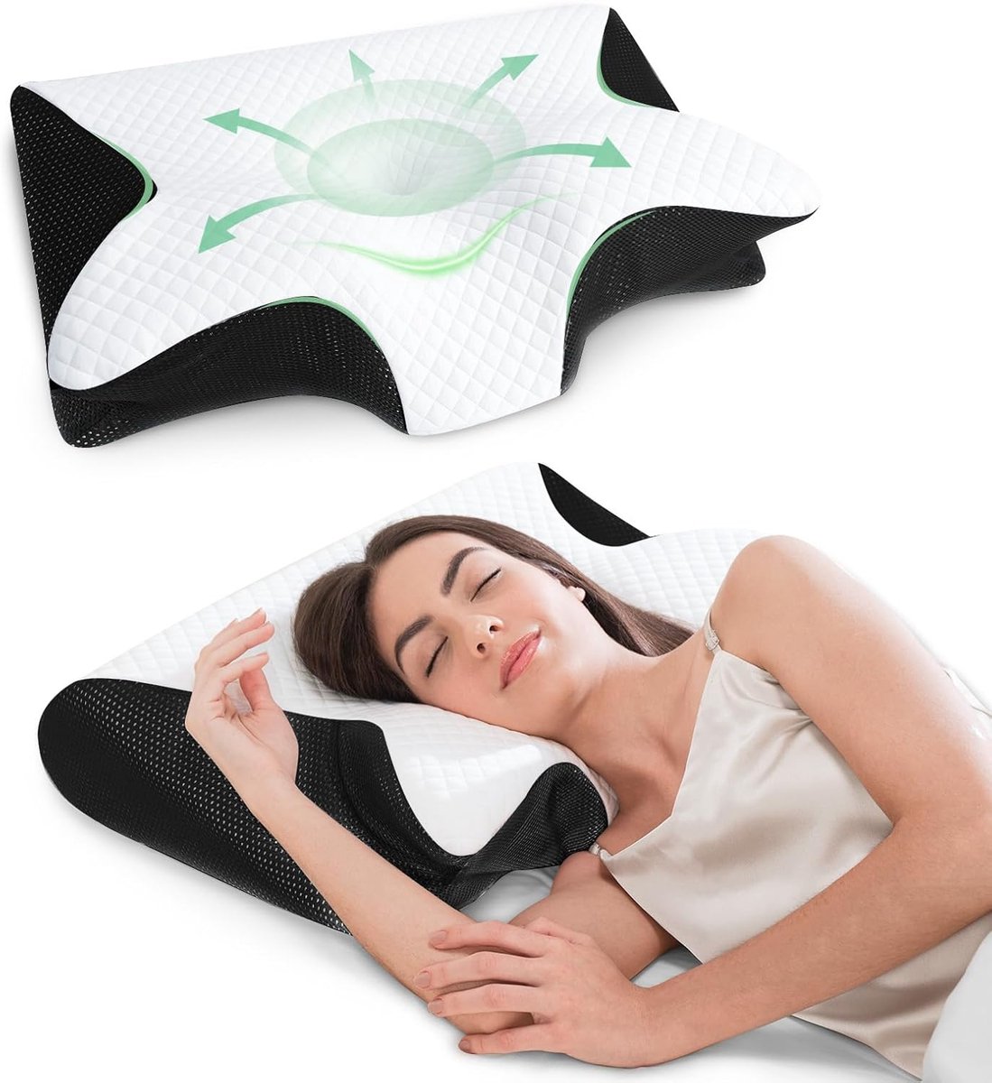 SnelShoppen - 2-in-1 Ergonomisch Nek Kussen, Geheugenfoam Kussen, Bedkussen voor Rug, Zij- en Buikslapers, met Afneembare Hoes, 60x40x12/14cm, Zwart