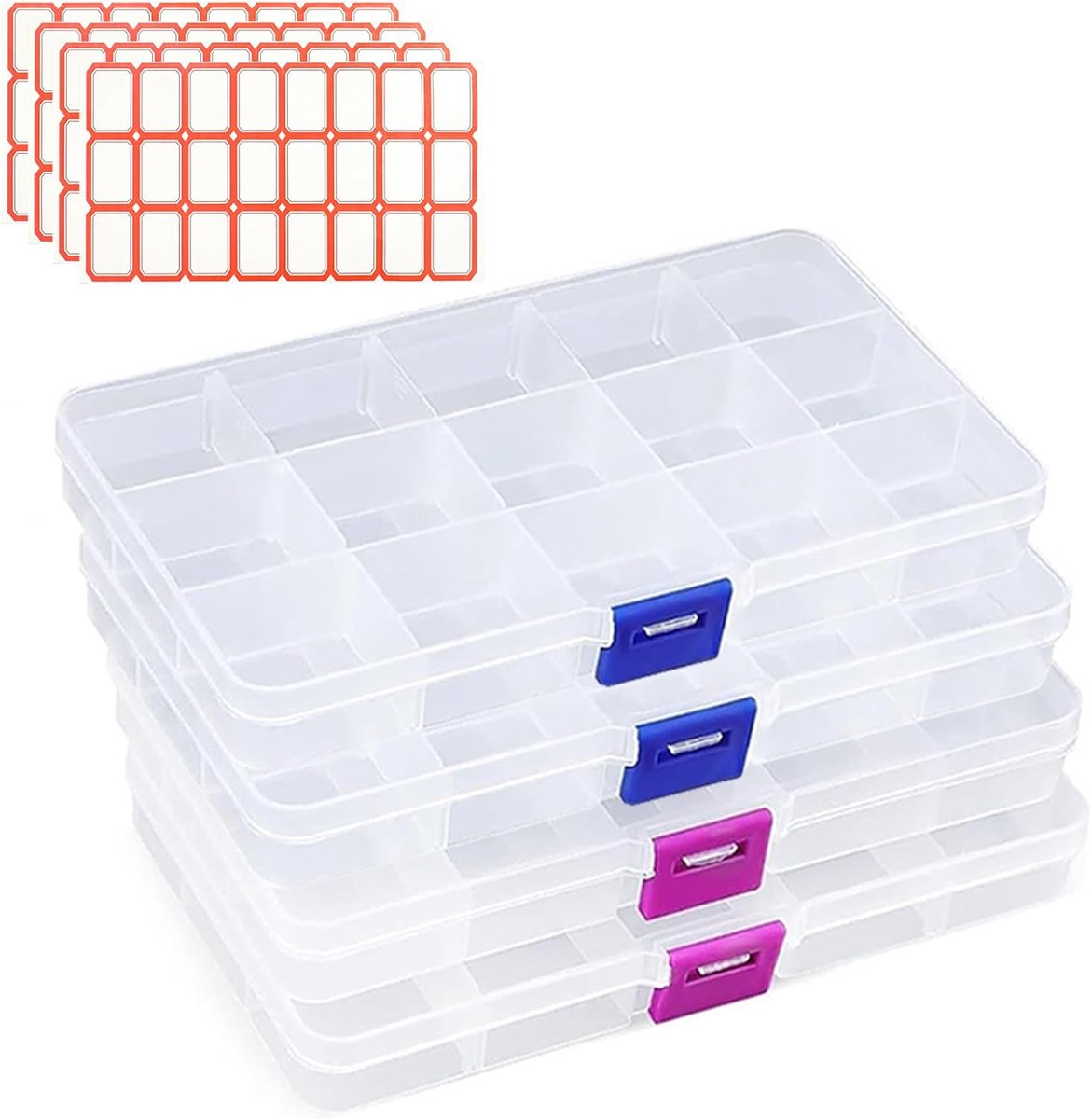 SnelShoppen - Pack van 4 Opbergdozen met 15 Compartimenten, Plastic Transparante Sieradenbox, Sorteringsboxen met 24 Labels voor Schroeven, Onderdelen