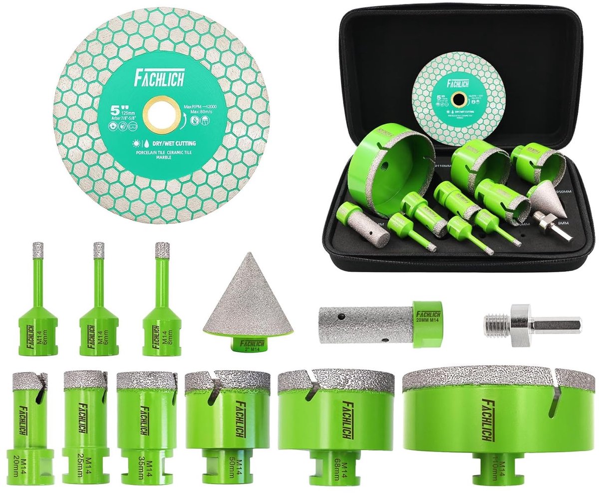 SnelShoppen - Diamond Tegel Boor Set - 12 Stuks (6/6/8/20/25/35/50/68/110 mm) met Vinger Cutter, Fase Boor, Adapter & Snijschijf - Perfect voor Tegels