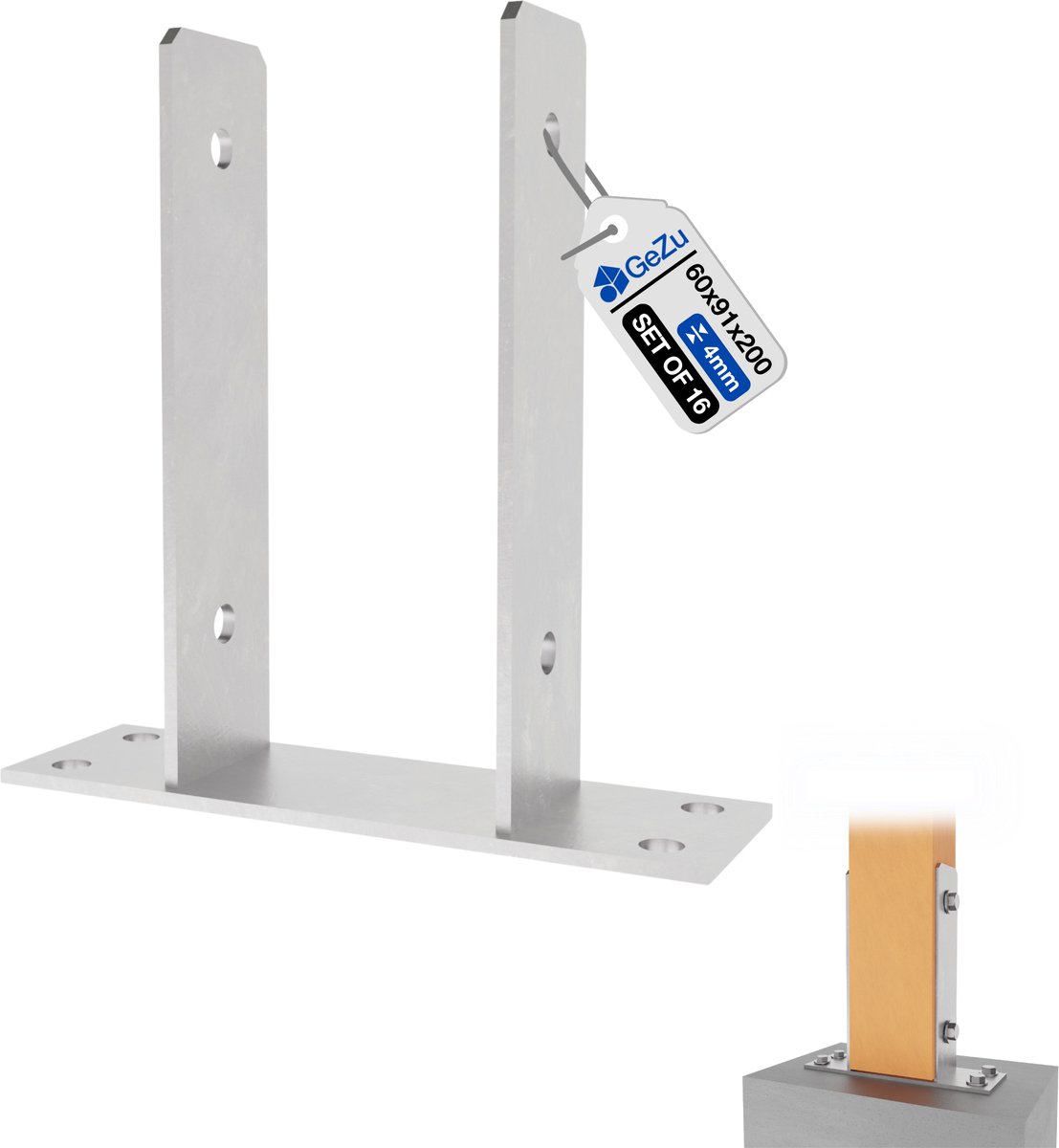 GeZu Impex U Paalhouder op plaat Thermisch verzinkt Set van 16 91 x 200 mm pergoladrager paaldrager paalvoet voetplaat paalsteun