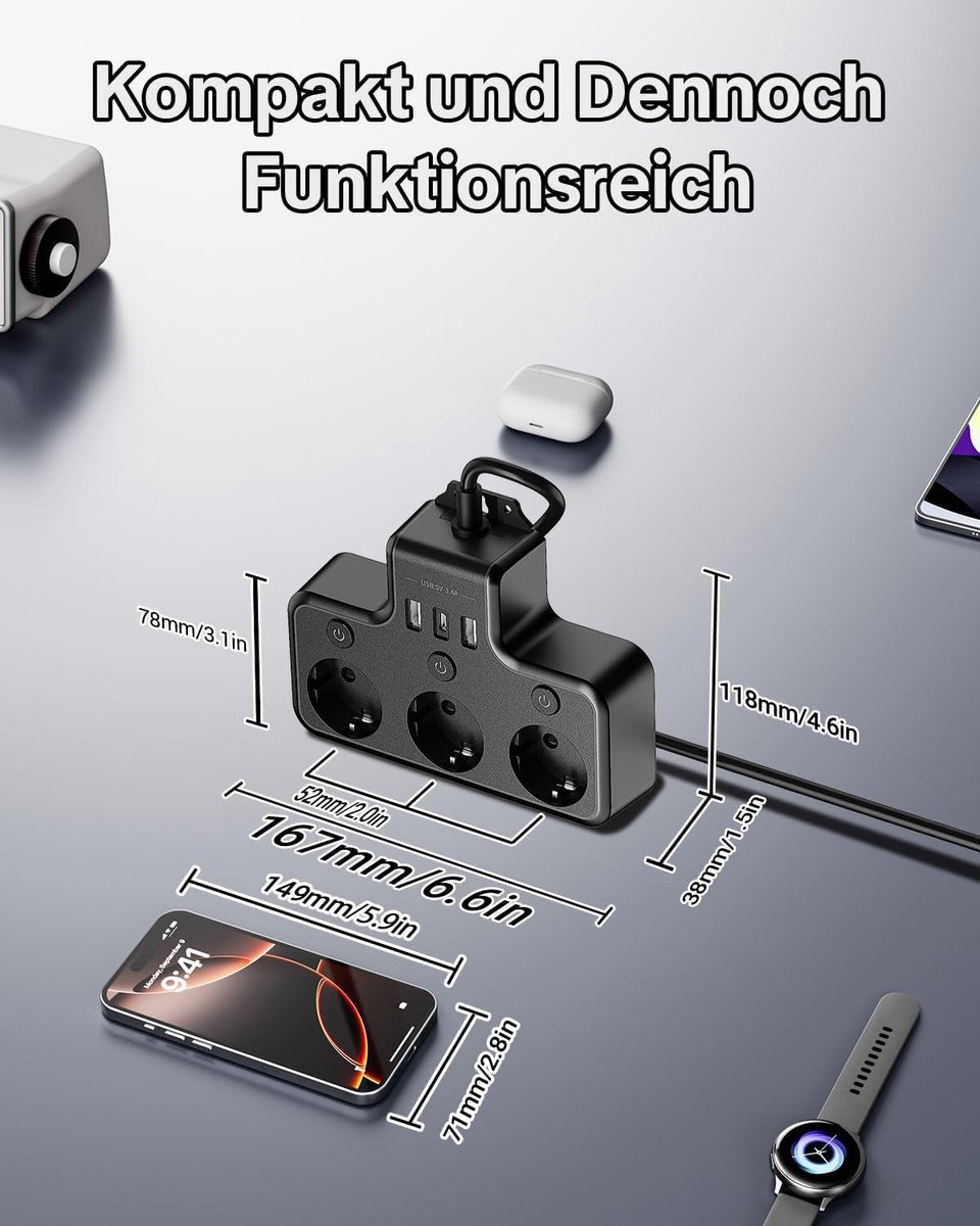 SnelShoppen - Power Strip met USB, Tafel Stopcontact, Individueel Schakelbaar, LED, Meerdere Stopcontacten, Wandmontage, 2 m, 3-gang, Zwart voor Keuke