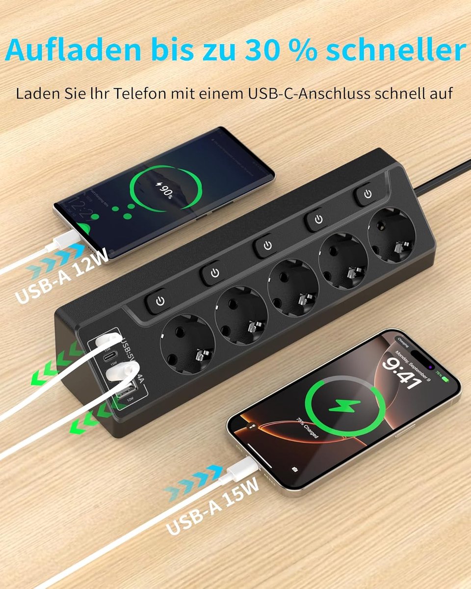 SnelShoppen - 9-in-1 Power Strip met 5-Way Socket, USB A en C, 2m Kabel, Individueel Schakelbaar, Thuis en Kantoor, Zwart