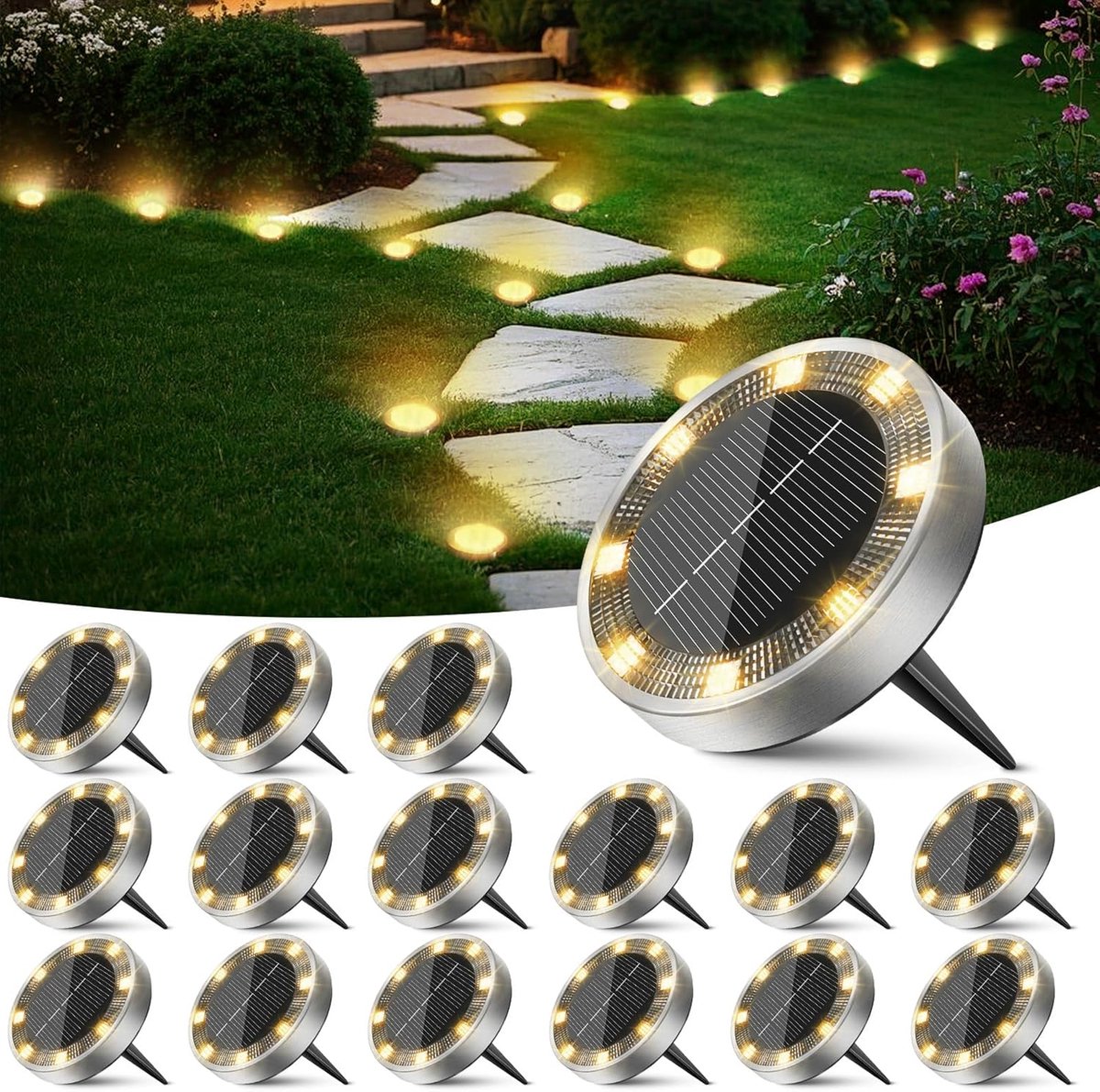 SnelShoppen - 16 Stuks Solar Tuinverlichting LED Lichten Buiten - Weerbestendige Tuinlampen voor Pad, Oprit, Grond, Warm Wit - Ideaal voor Tuin, Feest