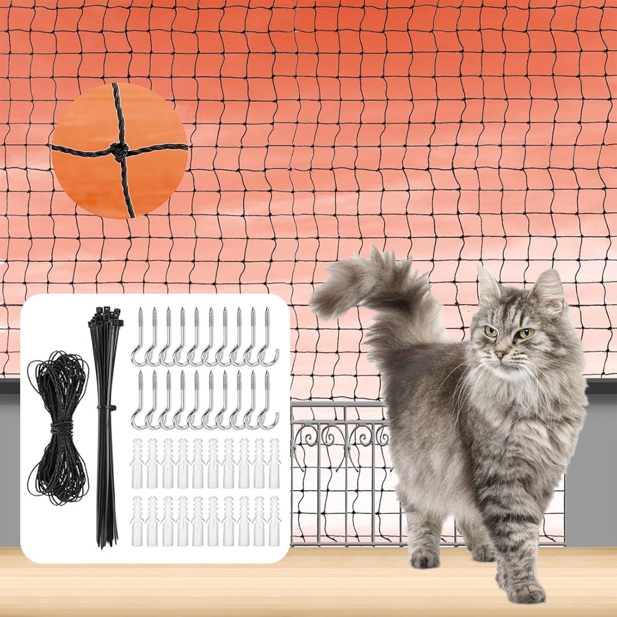 SnelShoppen - Premium Kattennet voor Balkon, Extra Versterkt, Zwart, Met of Zonder Boren, Katbescherming voor Terrassen, Balkons, Vensters, 8 x 3 m