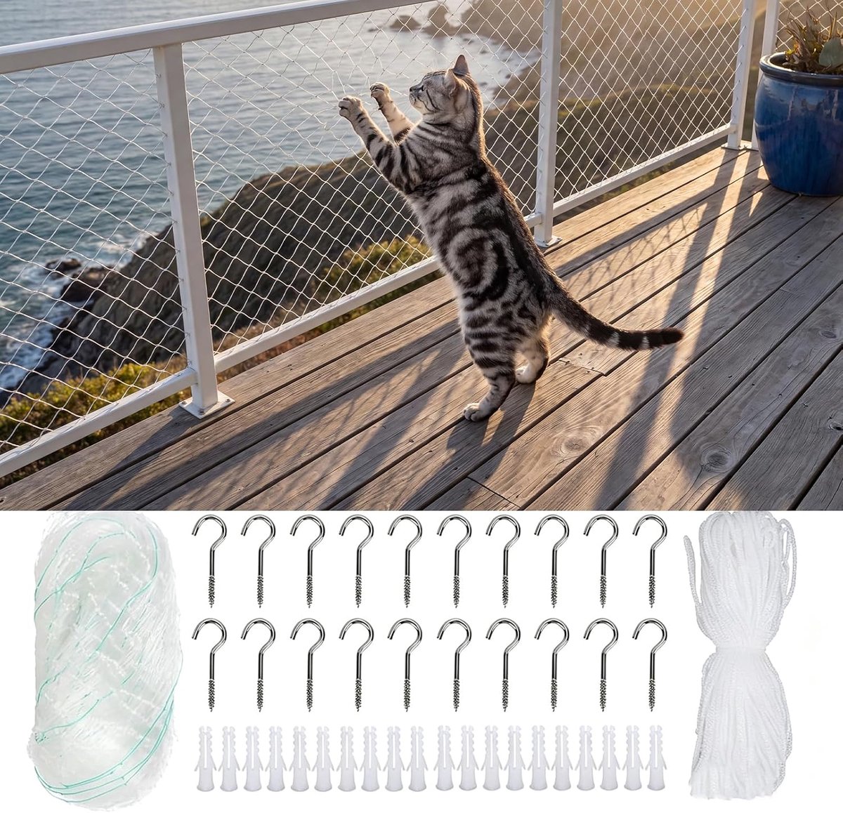 SnelShoppen - Kattennet voor Balkon 8x3m - Transparant Kattenbeschermingsnet - Scheurvast en Bijtbestendig - Inclusief 20 Haken, Pluggen en Touw - Voo