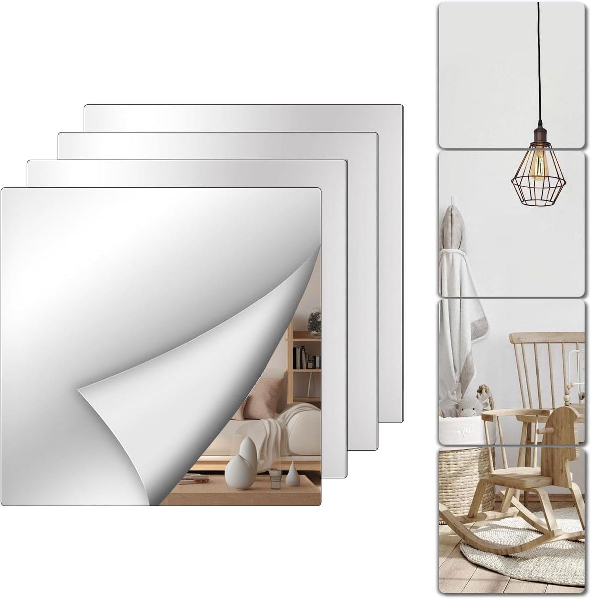 SnelShoppen - 4 x Spiegelmuurstickers 30 x 30 cm, Zelfklevende Acryl Spiegelstickers, Flexibel, Geen Glas, Decoratieve Bladeren voor Badkamer, Slaapka