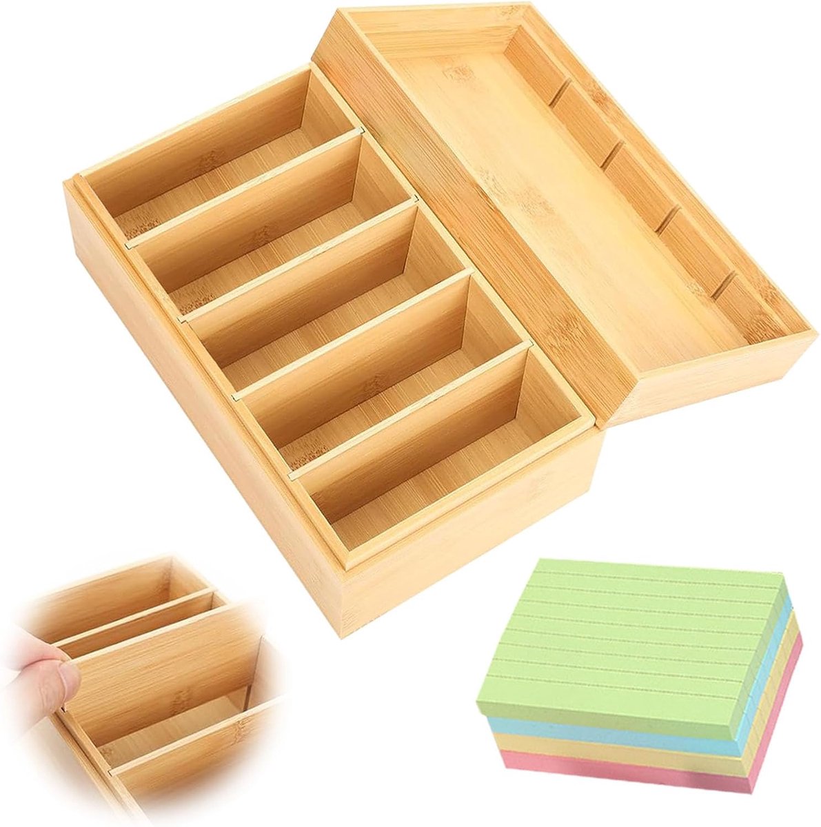 SnelShoppen - A7 Houten Indexkaarten Box met Deksel 22x12.7x9 cm, Houten Box voor Notities, 400 Zelfklevende Notities, Ideaal voor Kantoor, Studie & O