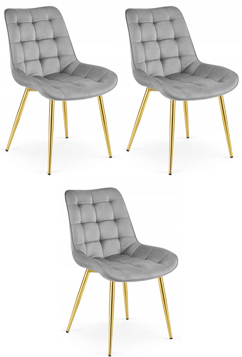 Oskar Set van 3 Eetkamerstoelen BERA – Lichtgrijs Velvet / Fluweel – Gestoffeerde Zitting – Goudkleurige Metalen Poten – Modern Scandinavisch Design – Voor Eetkamer, Keuken en Woonkamer