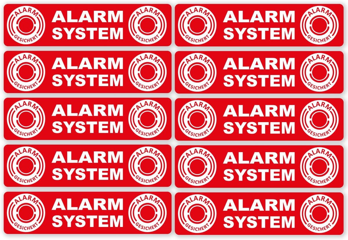SnelShoppen - 10 Alarm System Stickers - Zelfklevend - 12x3 cm - Motief Alarm Beschermd - XL 10-Pack Rood - Voor Raam Glas Binnen en Glazen Deuren
