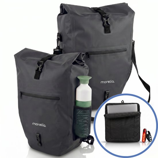 Deux sacoches de vélo Morelia gris foncé avec une bouteille d'eau dans la poche latérale, pochette pour ordinateur portable et feu arrière.