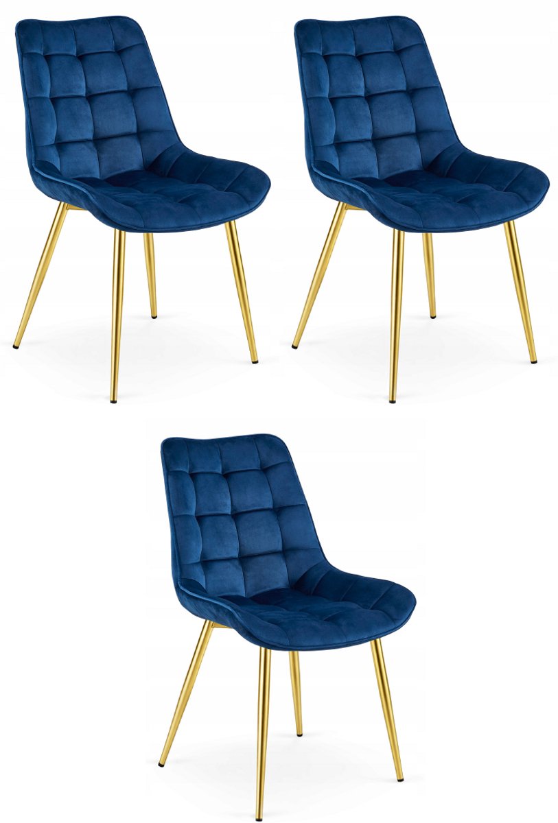 Oskar Set van 3 Eetkamerstoelen BERA – Donkerblauw Velvet / Fluweel – Gestoffeerde Zitting – Goudkleurige Metalen Poten – Modern Scandinavisch Design – Voor Eetkamer, Keuken en Woonkamer