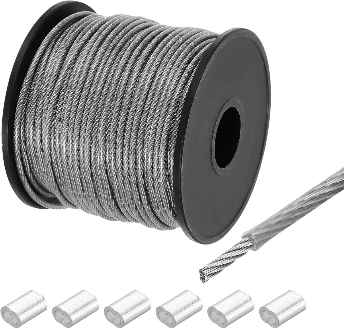 SnelShoppen - 40 m Staal Kabel 2 mm Vinyl Coating, RVS 304, Inclusief 6 Aluminium Sleeves voor Ophangen, Waslijnen, Tuin, Feesten, DIY