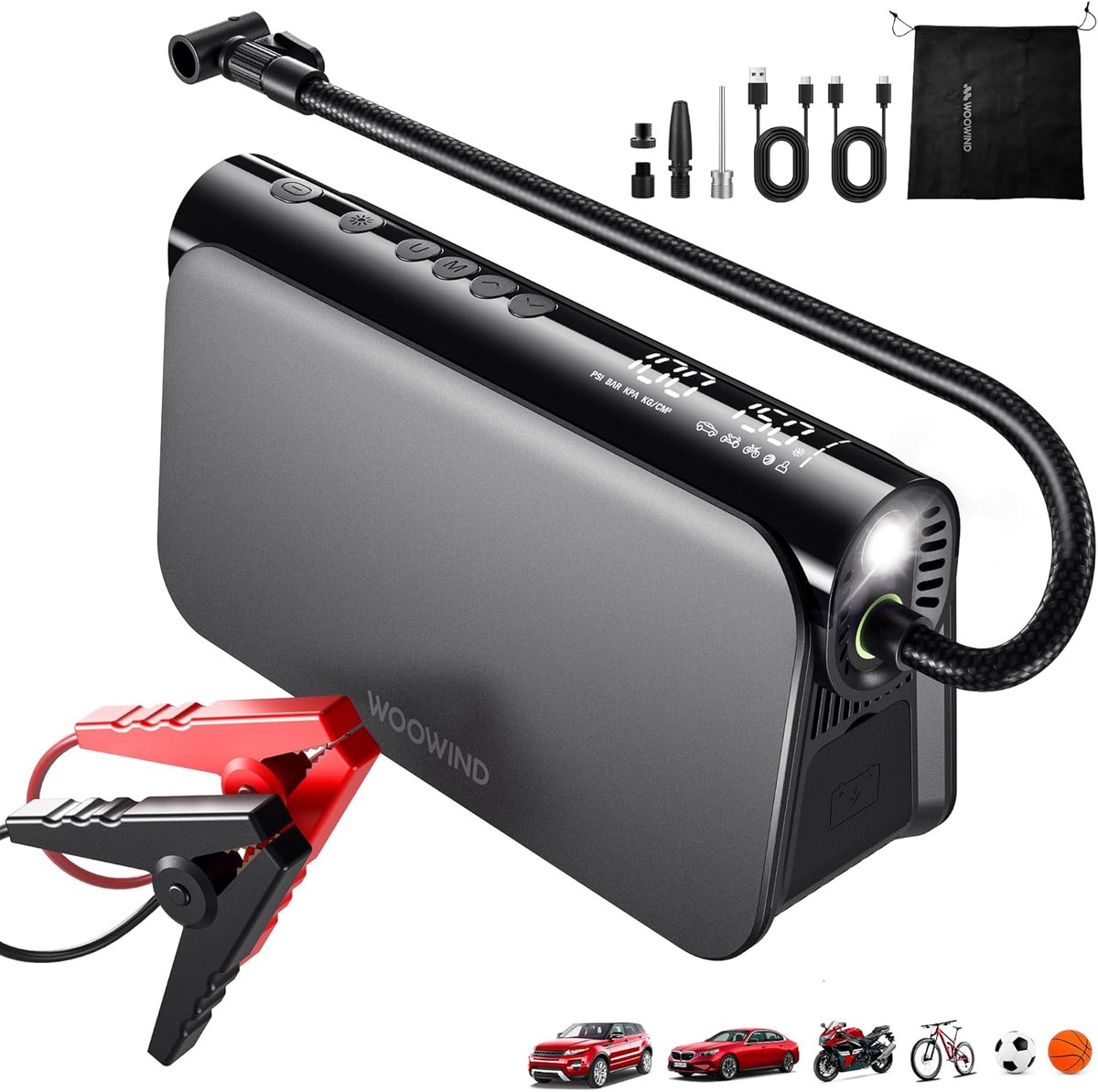 SnelShoppen - 3-in-1 Jump Starter Auto met 150 PSI Compressor | 65W Power Bank voor 6.0L Benzine & 3.0L Diesel Motoren, 16000mAh Accu met LED Licht