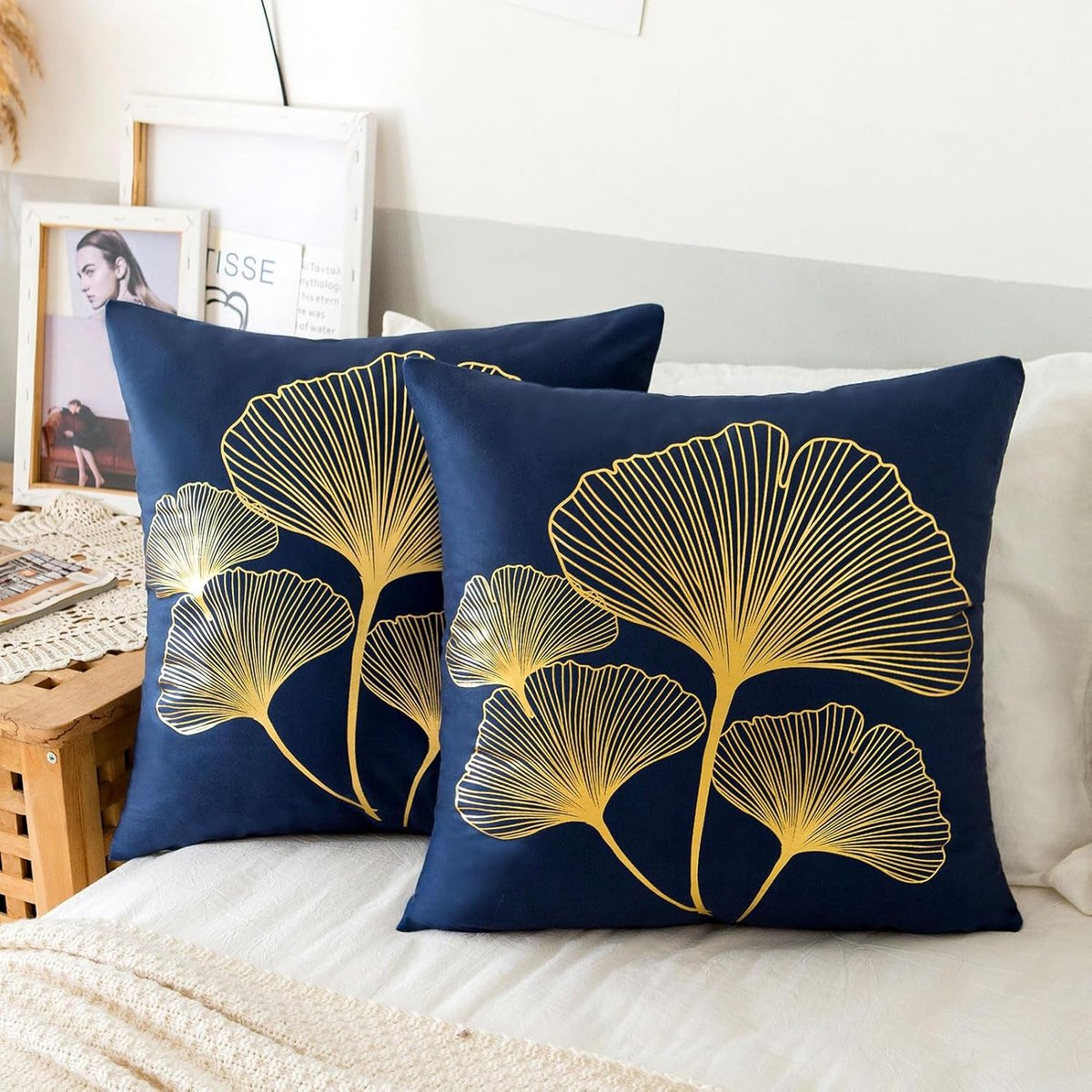SnelShoppen - Luxe Blue Velvet Kussens 50 x 50 cm - Ginkgo Biloba Abstract Design - Perfect voor Woonkamer, Slaapkamer en Balkon