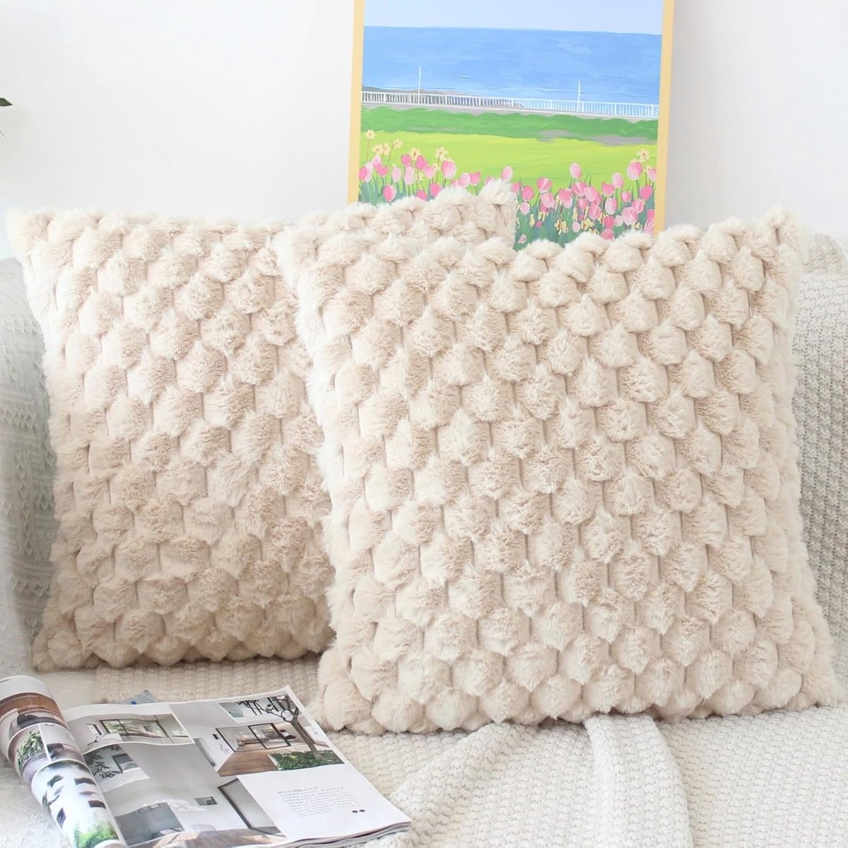 SnelShoppen - Fluffy Kussenhoezen Set van 2 50x50 cm Beige Pluche Decoratieve Kussenhoezen Luxe Neppels Kussen voor Bank en Woonkamer