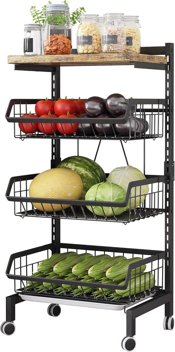SnelShoppen - Multifunctionele Keuken Trolley met Houten Bovenblad, Stapelbare Groente- en Fruitrekken, Opslagwagen met Slotwielen voor Keuken, Badkam