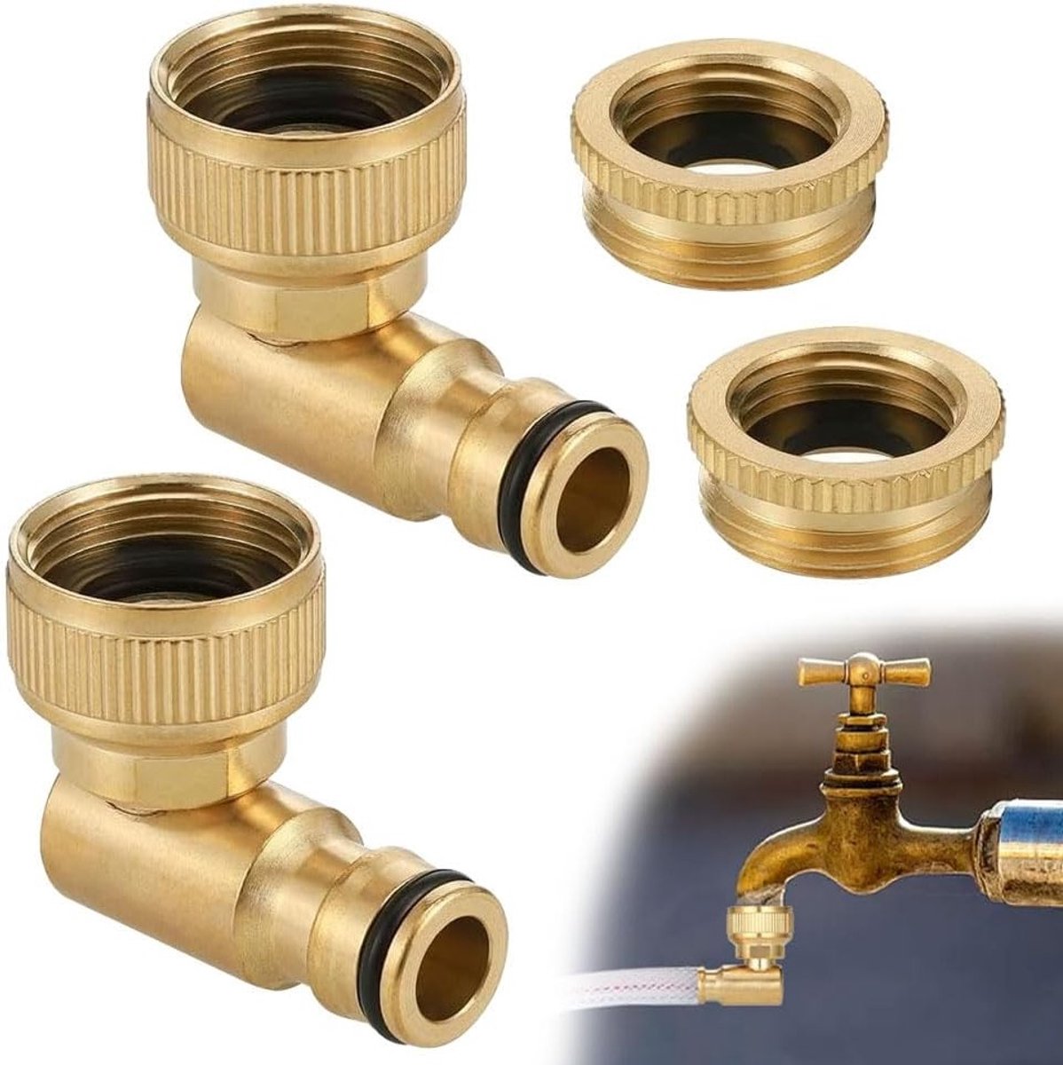 Kraanaansluiting voor tuinslang 1/2 inch en 3/4 inch, messing slangaansluiting met 90° hoek en 360° draaibare connector voor optimale waterafvoer