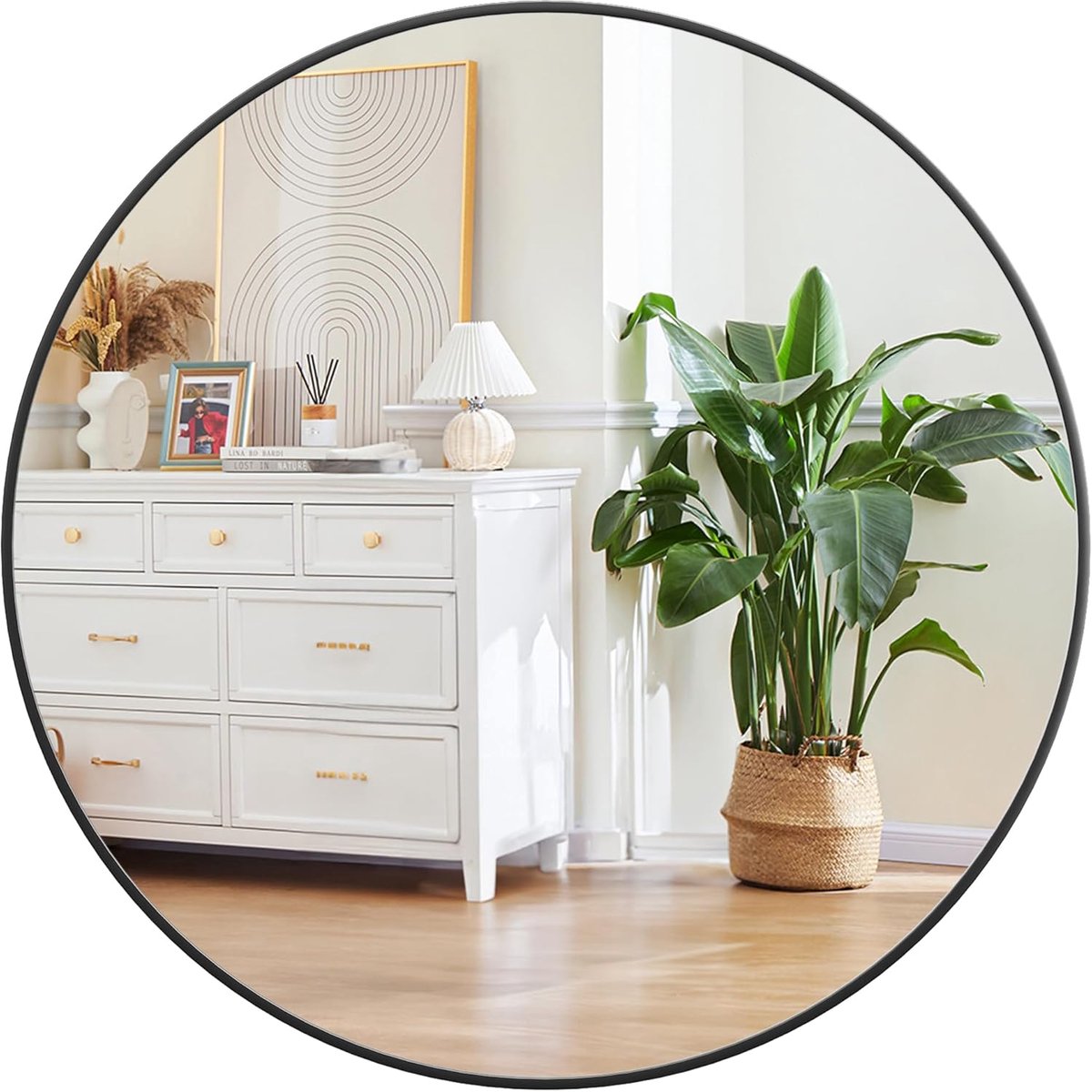 Moderne ronde wandspiegel – matzwart metalen frame, schokbestendig HD-glas, ophangbare wanddecoratie voor badkamer, entree, slaapkamer en woonkamer
