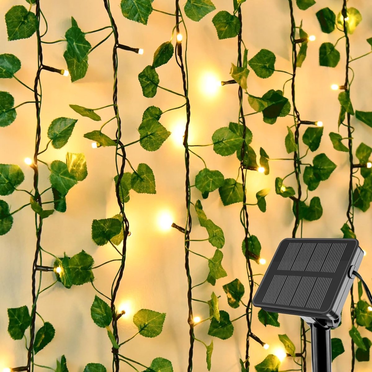 SnelShoppen - Lichtsnoer op zonne-energie 5 m met 50 LEDs, waterdicht IP65, 8 modi voor buiten, kunstklimop slingerlicht voor tuin, balkon, kamer, fee