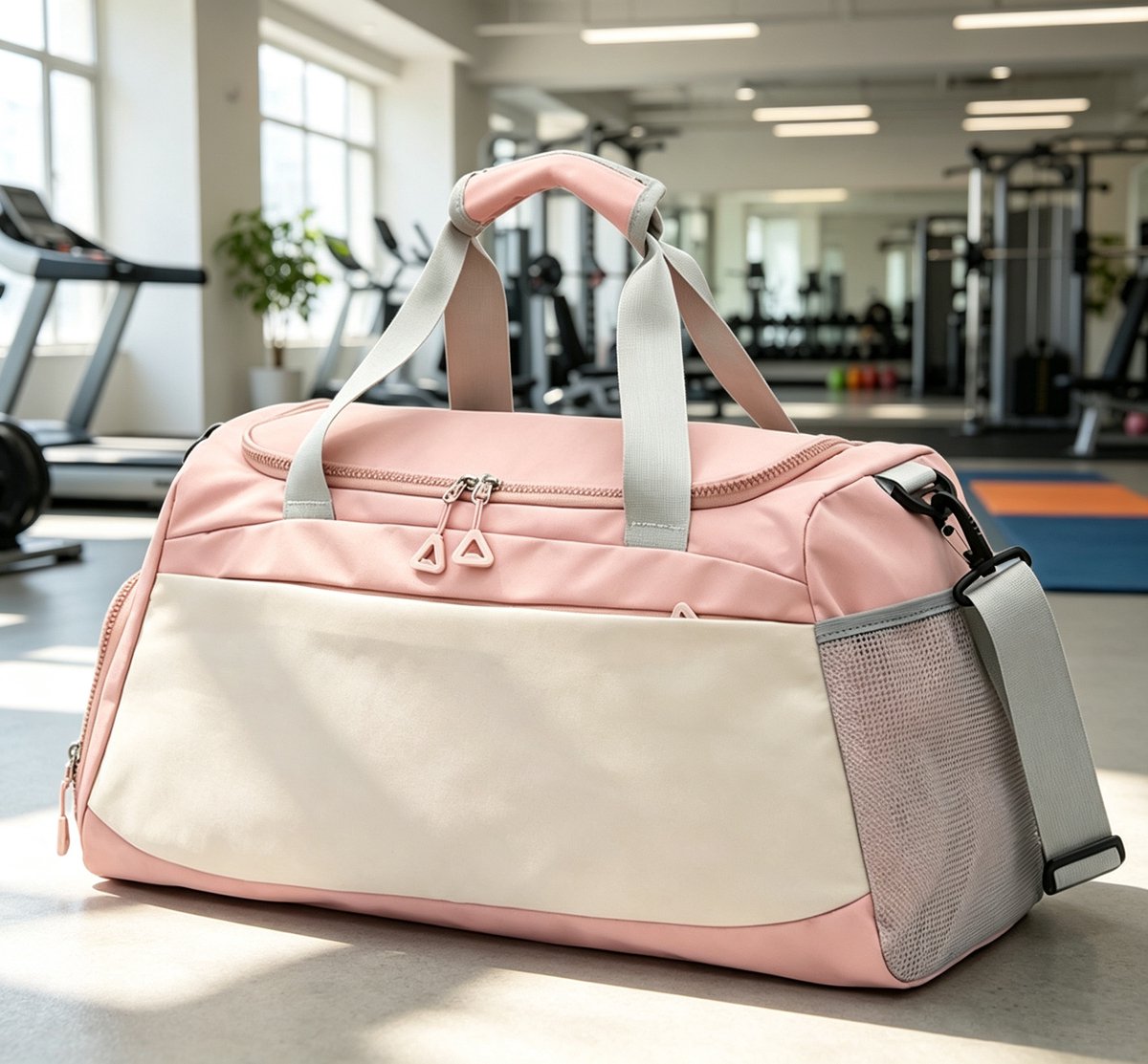 Roze grote sport en reistas met waterdicht vak voor natte kleding apart schoenenvak fitness tas voor sportschool en korte reizen afmetingen 50x23x27 cm