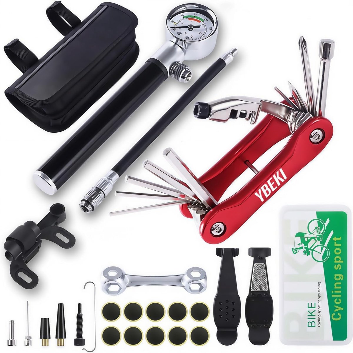 SnelShoppen - Fietsreparatieset met 210 PSI mini pomp, 10-in-1 multitool, kettingrivet, lijmvrije reparatieset, bandenlichter en tas - voor racefiets,