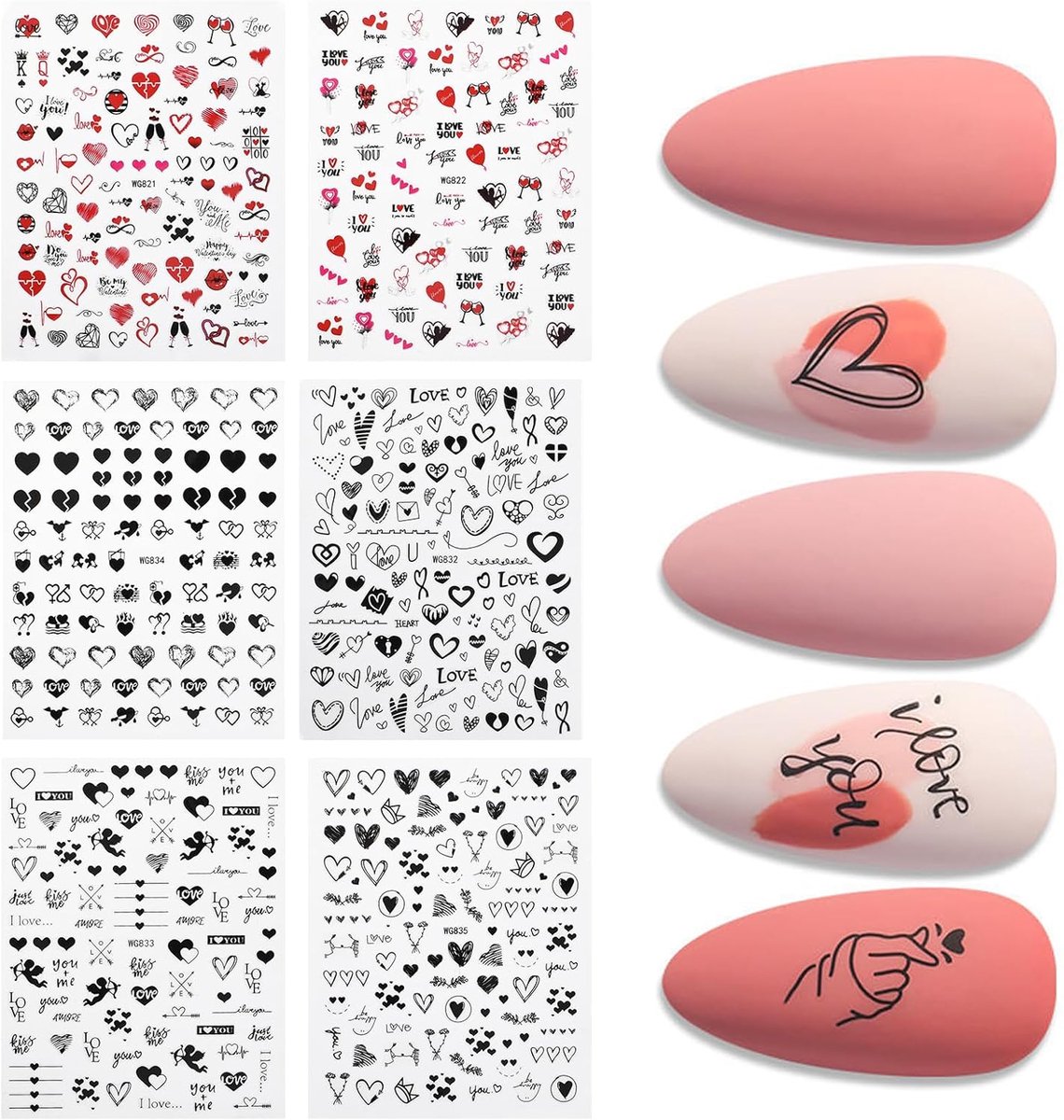SnelShoppen - Pack van 6 Zelfklevende Nagelstickers Hartvorm Rood en Glitter, Nail Art Decoratie voor Valentijnsdag, Veilig en Niet-toxisch, DIY Nagel