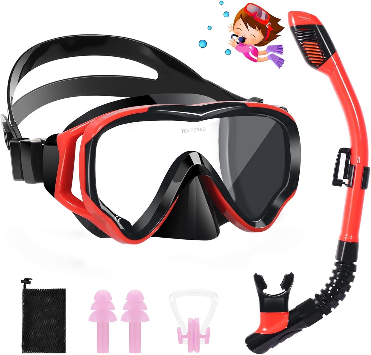 SnelShoppen - Kids Diving Goggles Snorkel Set voor 4-16 Jaar Kinderen - Zwem Goggles met Neusdeksel - 180° Panorama HD Anti-Fog - Verstelbare Silicone