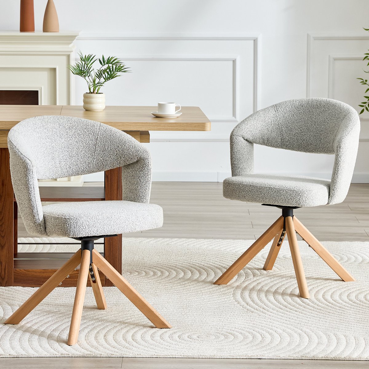 COVREO Eetkamerstoel set van 2 81,5 cm - draaibaar 360°, lichtgrijs, stof, houten onderstel