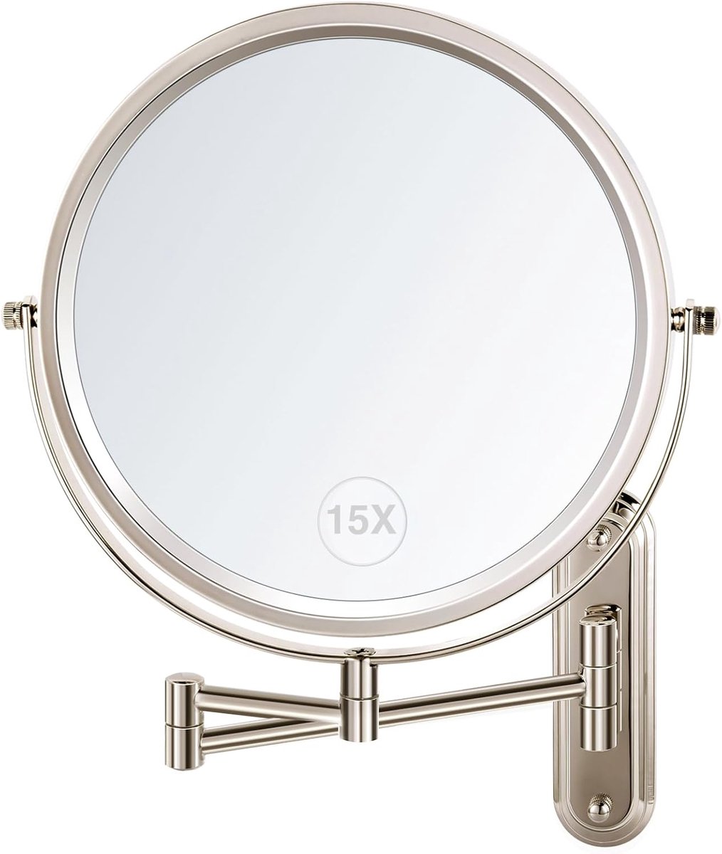 SnelShoppen - Wandgemonteerde Make-up Spiegel 1x/15x Vergrotende Spiegel 21,5cm Dubbelzijdig voor Badkamer Brush Nickel