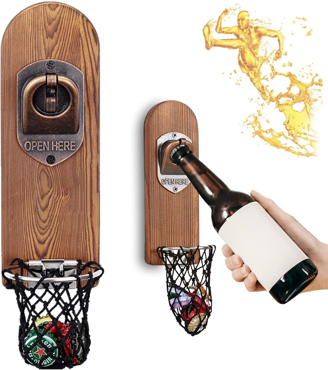 SnelShoppen - Magneet Flessenopener met Netvanger, Wand Montaged Houten Bieropener, Draagbare Kurkentrekker, Bar Accessoires voor Keuken, Tuin, Buiten
