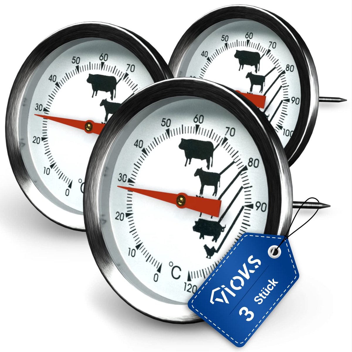 SnelShoppen - Set van 3 RVS Vlees Thermometers - 0 tot +120 °C - Voor Perfecte Steak & Vlees - Ø 43 mm met 130 mm Sensor - Voor Keuken & Grillen