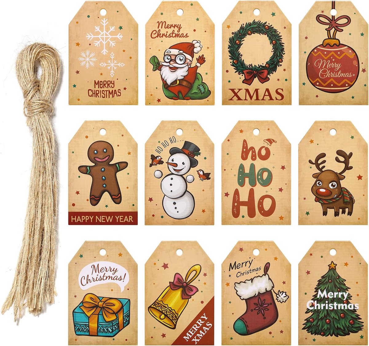 SnelShoppen - 48 Stuks Kerst Cadeau Labels Retro Hangers met 50 Stuks Jute Touw voor Kerstboom Cadeau Decoratie, Hoge Kwaliteit, Verschillende Patrone