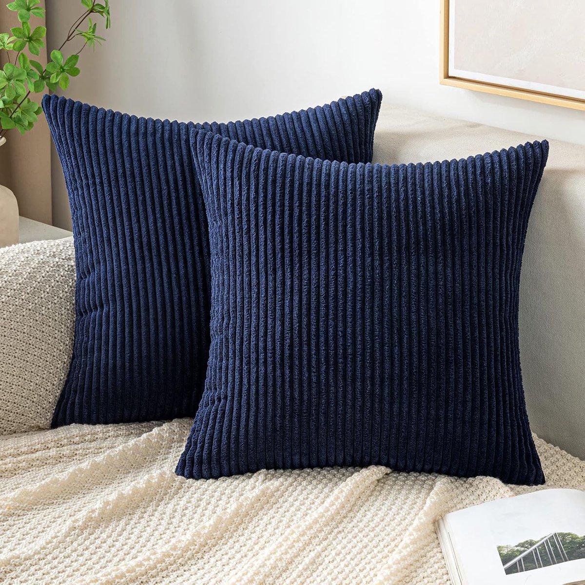 SnelShoppen - Corduroy Kussenhoezen Set van 2 Vierkant Gestreept 40x40 cm - Zacht Polyester Dekoratieve Kussens voor Bank en Slaapkamer - Marineblauw