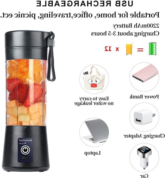 Draagbare Blender - Mini Blender USB - Smoothies Maken - Zes RVS Bladen - 380ml - Blauw — afbeelding 3