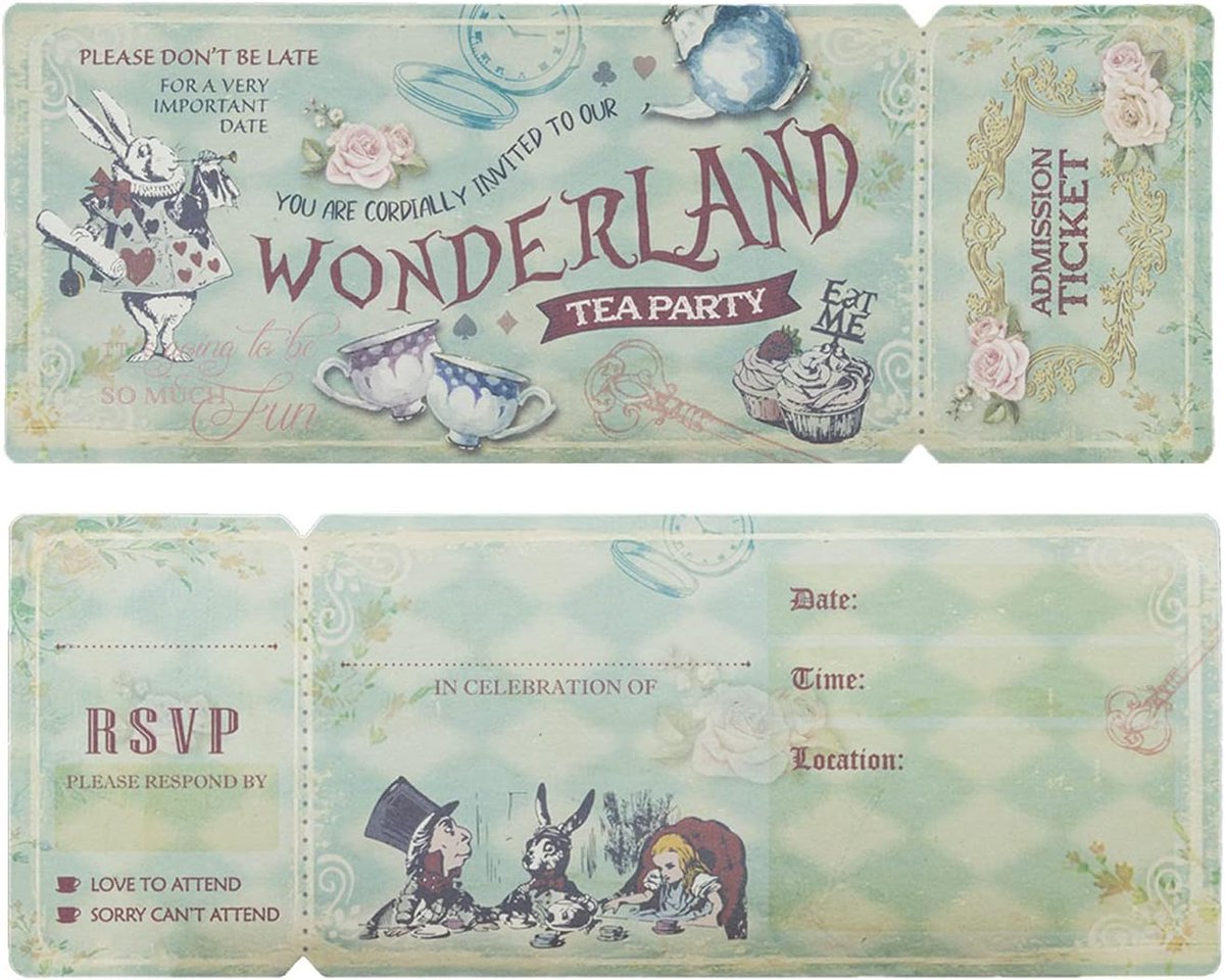 SnelShoppen - Vintage Alice in Wonderland Uitnodigingskaarten 24 Stuks - Premium Cardboard - Theeparty, Verjaardag, Babyshower, Bruiloft