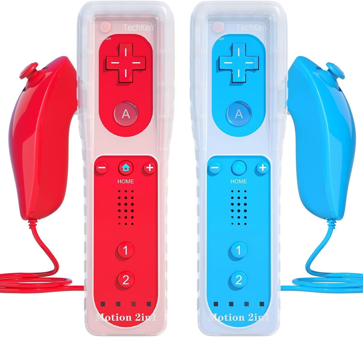 SnelShoppen - Wii Afstandsbediening met Nunchuk - Geïntegreerde Motion Sensor, Vibratie, Silicone Hoes (Rood + Blauw) - 2 Stuks, Geschikt voor Wii/Wii
