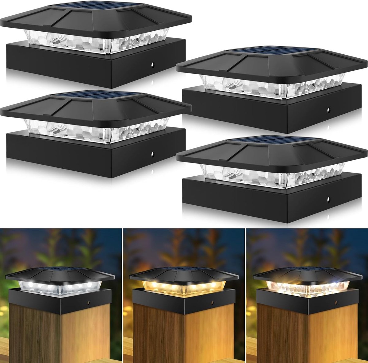 SnelShoppen - Solar Lamp Paalverlichting 3 Kleuren 10x10 cm Waterdicht LED Tuinverlichting voor Hekpalen, Houten Palen, Patios, Buiten Decoratie, 4 St