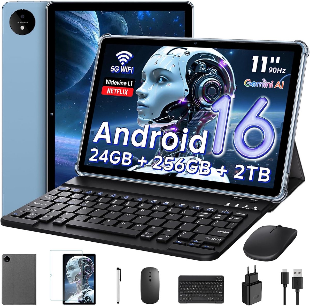 SnelShoppen - Android Tablet 11 Inch met Gemini AI, Octa-Core T7250, 24GB RAM, 256GB ROM, Dual Camera 16MP + 8MP, 8000mAh, GPS, Widevine L1, Blauw