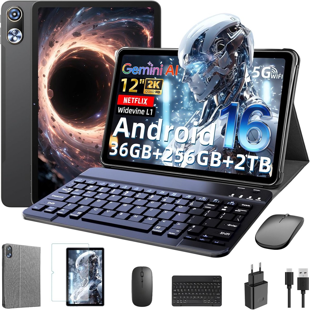 SnelShoppen - 12 Inch Tablet met Toetsenbord | Android 16 met Gemini AI | 36GB RAM + 256GB ROM (2TB TF) | 2000 * 1200 HD 90Hz Scherm | Unisoc T7250 Oc