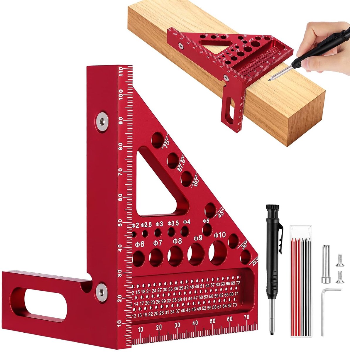 SnelShoppen - 3D Houtbewerking Vierkant, 22.5-90 Graden Aluminium Hoekmeter, 110mm Precisie Houtbewerking Speed Square met Houtbewerkingspotloden voor