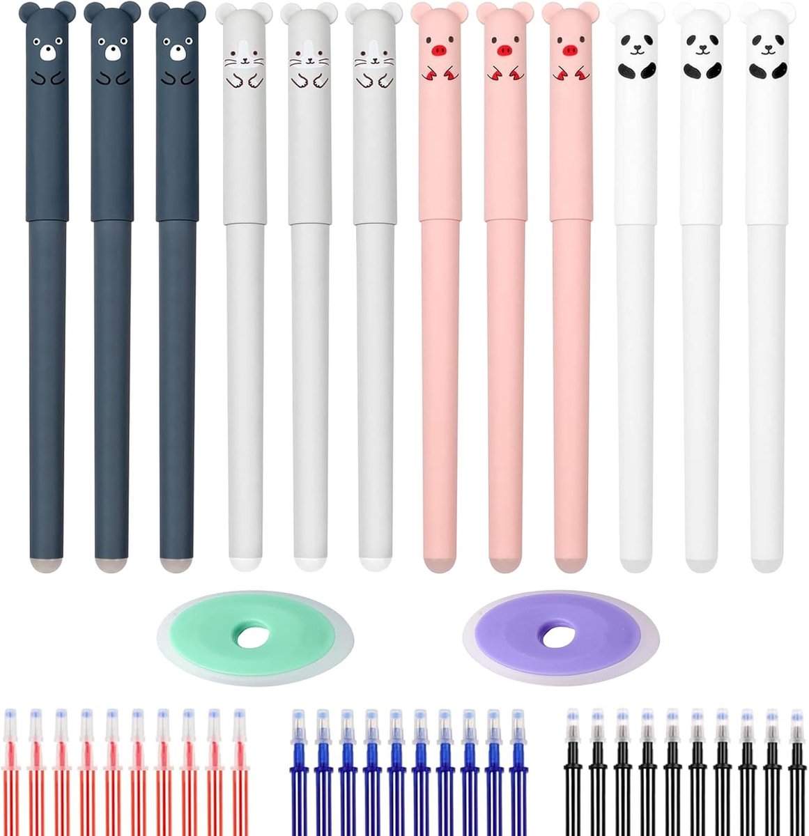 SnelShoppen - 12-delige Dieren Erasable Pen Set met 30 Navullingen en 2 Witte Gum voor Kinderen, School, Creatief Schrijven, 0.5mm Kleurpotloden
