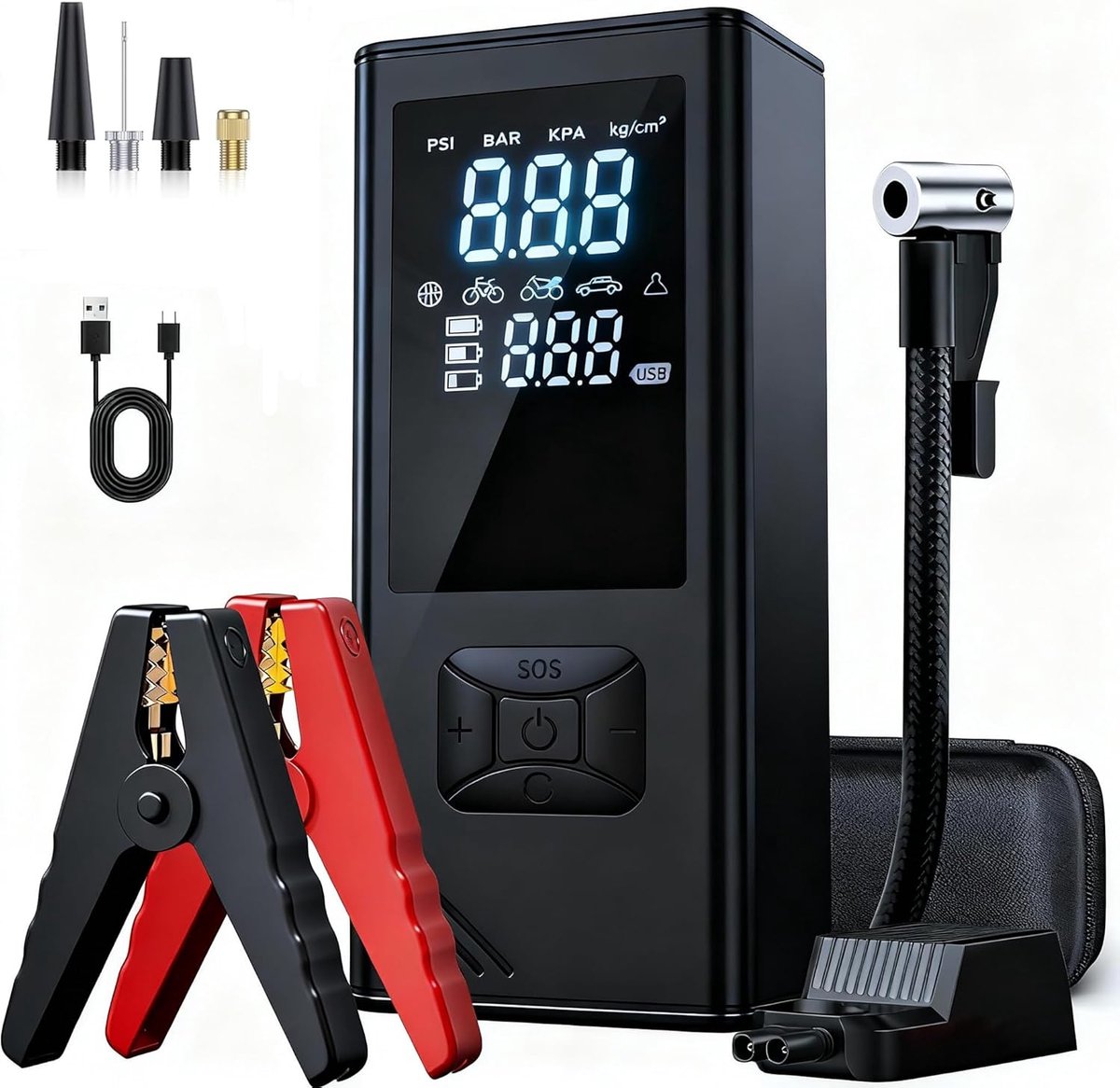 SnelShoppen - Jumpstarter 5000A Draagbare Lithium Accu Auto Startpakket met Luchtcompressor, Acculader, Powerbank en Slimme Startkabel voor Alle Benzi