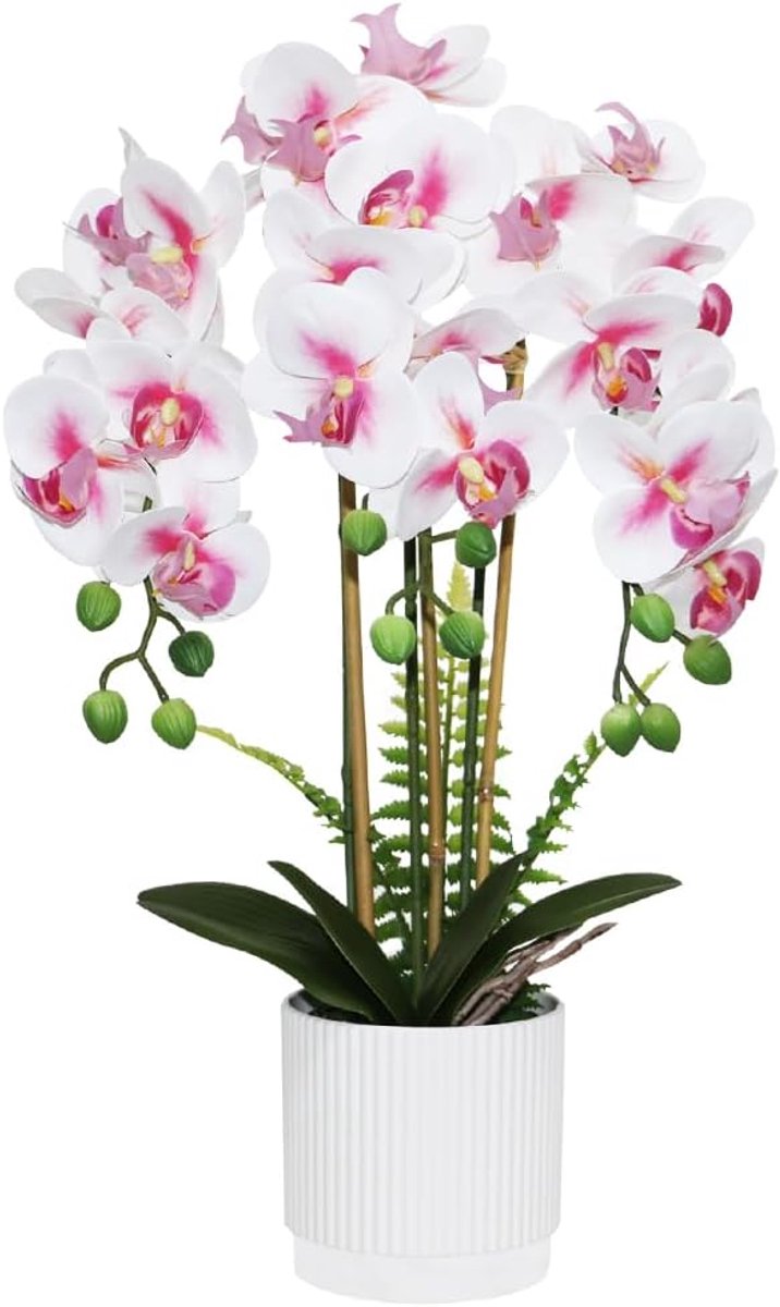 SnelShoppen - Kunstmatige Orchidee Bloemen in Witte Pot met Vlinders - 3 Takken met 21 Realistische 3D Bloemen en 12 Groene Knoppen - Perfect voor Taf