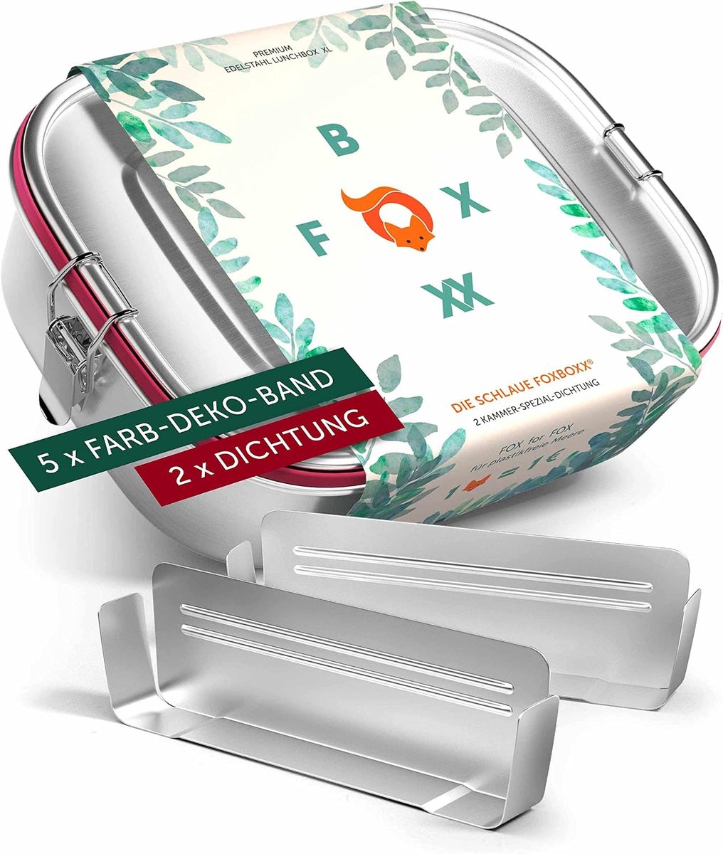 SnelShoppen - XL RVS Lunch Box 1400 ml met 2 Compartimenten, Lekvrije Eco Bento Box met DualCham Seal en Smart Clips voor Kinderen en Volwassenen