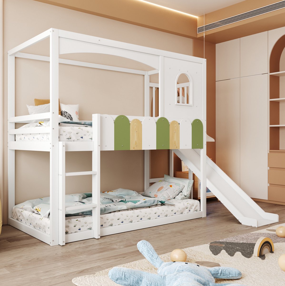 COVREO Stapelbed voor kinderen 90x200 cm - met glijbaan, veiligheidsladder en huisframe, wit