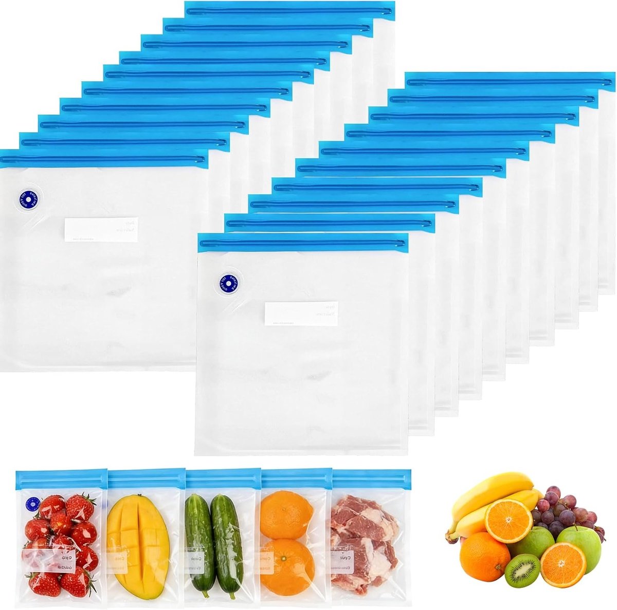 Herbruikbare Vacuümzakken Set van 20 - 21x22cm BPA-vrije Voedselopslagzakken met Ventiel e