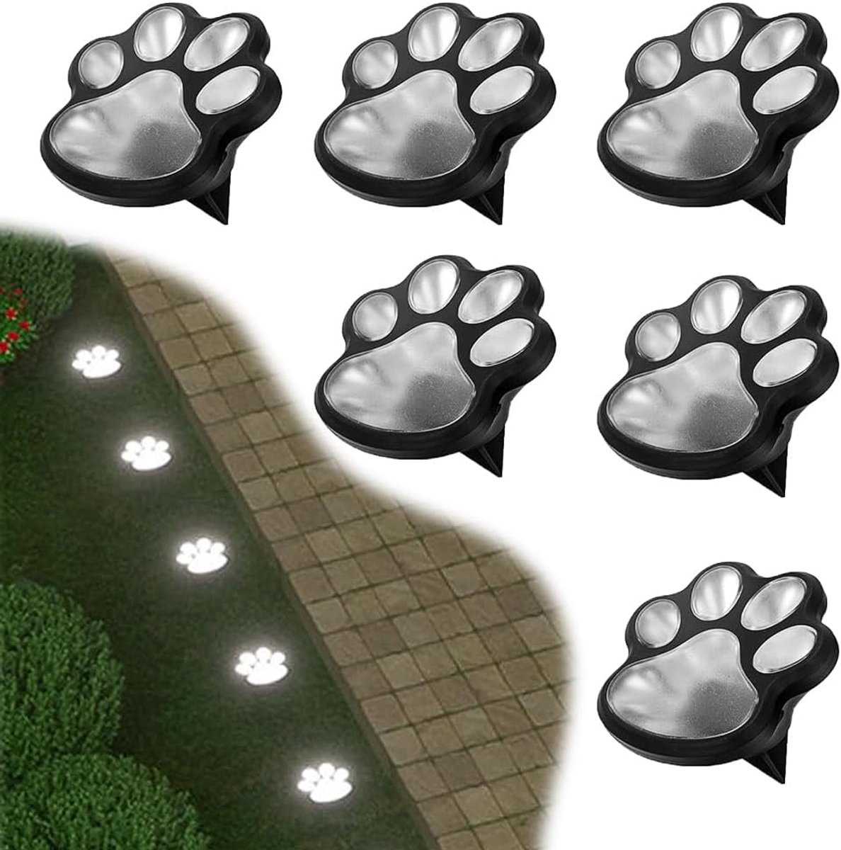 SnelShoppen - Pack van 6 Solar Tuinverlichting LED Pootafdruk Buitenverlichting Weerbestendig voor Tuinpad, Grond en Gazon