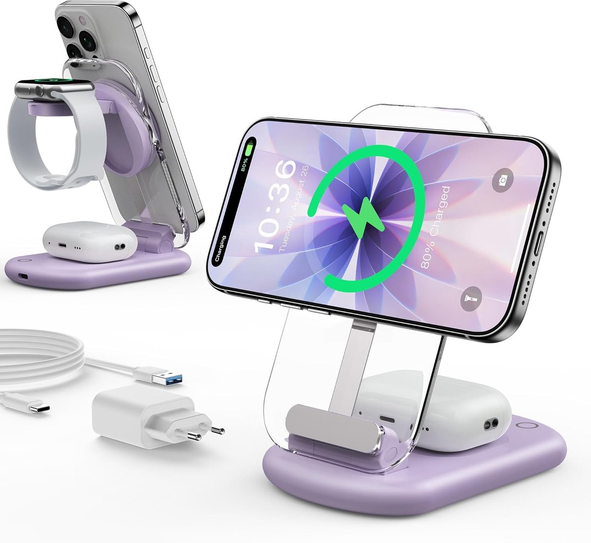 SnelShoppen - Mag Safe Charger 3-in-1 Oplaadstation voor iPhone 17/16/15/14/13/12 Pro Max/Air/Plus en Apple Watch 10/9/8/7/SE/6/5/4/3/2 en AirPods 4/3