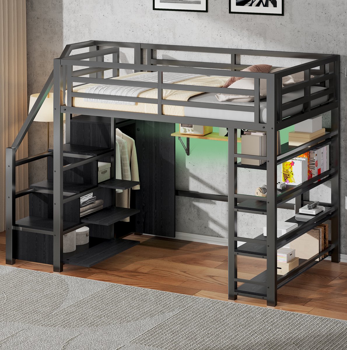 COVREO Hoogslaper 140x200 cm - met kledingkast, opbergrekken, trap en LED, zwart